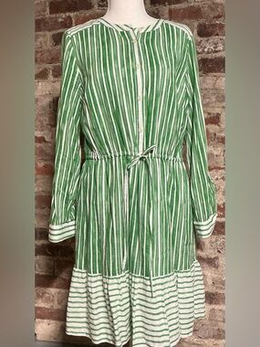 LOFT Green White Striped Ruffle Shirt Dress Drawstring Waist Roll Tab Sleeve